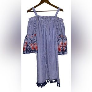 Jessica Howard Women Pom Pom Hem Sz 10 Off Shoulder Stripe Mini Hippie Boho‎